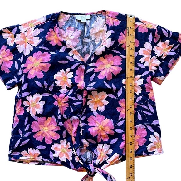 Charter Club Linen Floral‎ Print Button Front Tie Waist Short Sleeve Blouse M - Picture 6 of 7